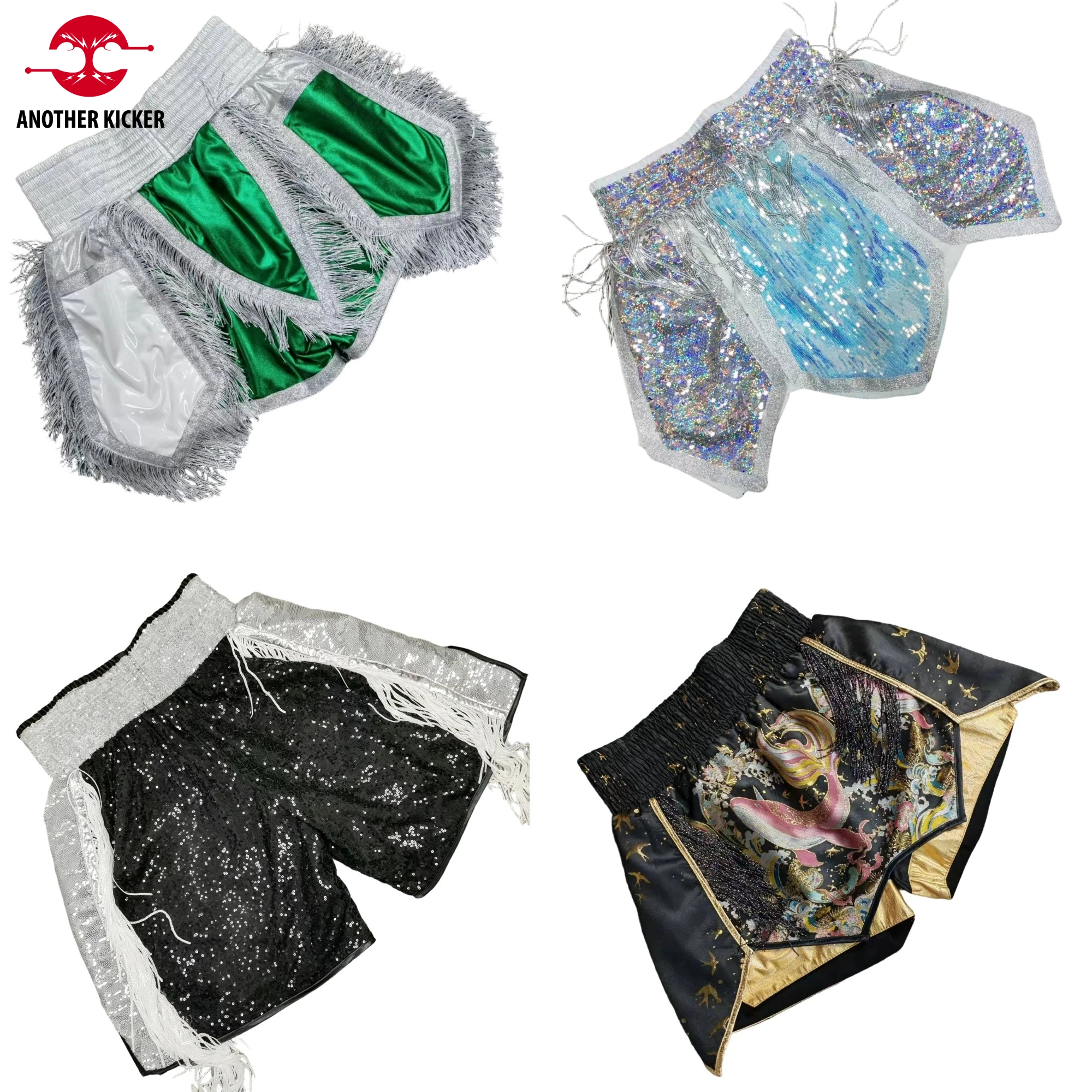 

Men's Women's Sparkly Muay Thai Shorts Boy Girl Sequin Boxing Shorts Fringe Trim MMA Kickboxing Shorts for Training Martial Arts
