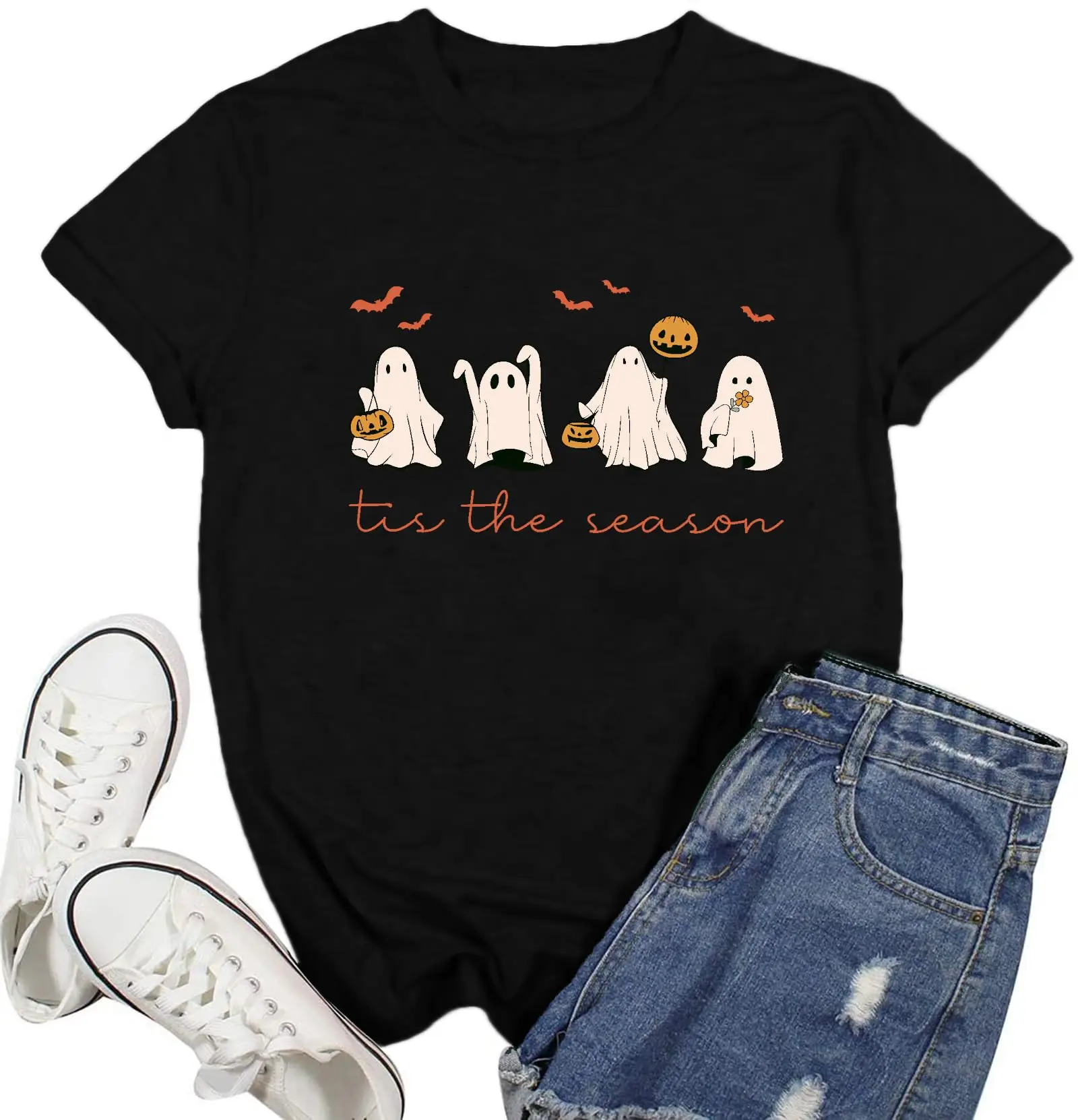 ハロウィンシャツ女性用 Tis The Season ハロウィンコウモリ Tシャツかわいいゴーストパンプキン Tシャツトップス女性服
