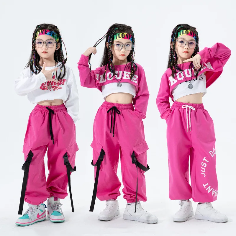 Ensemble haut court et pantalon Cargo pour filles, style Hip Hop, rose, princesse, jogging, Streetwear, Costume de Jazz pour enfants, danse de rue