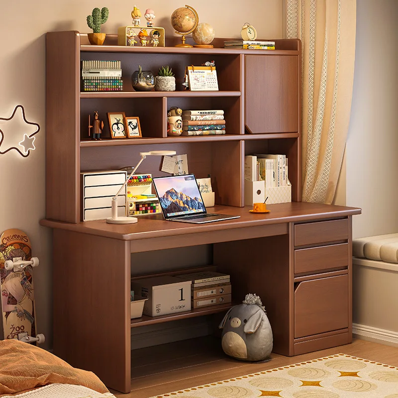 Integrated Wooden Desk with Bookcase, Household Computer Writing Table for Small Apartment Bedroom