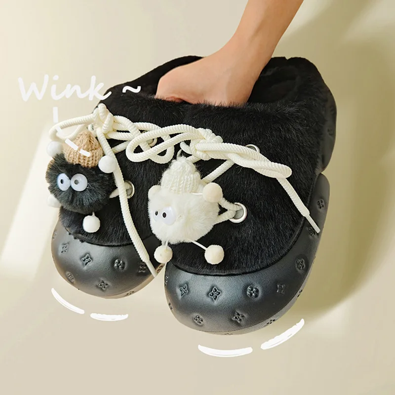 

Thick Soled Cotton Slippers For Women Winter 2023 New Plush Cute Monster Home Slipper And Warm Indoor Slipper