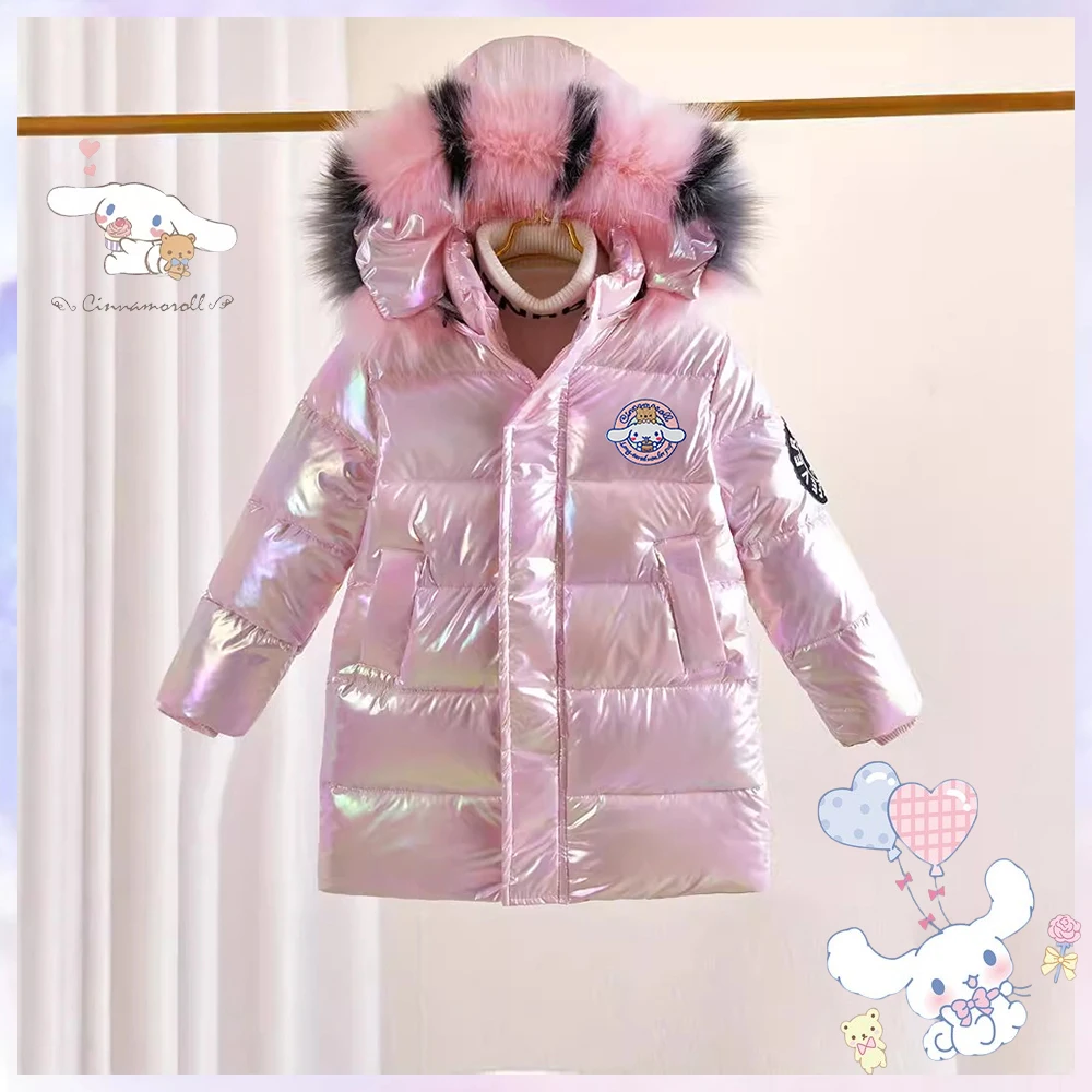 

Детская пуховая одежда в стиле аниме Cinnamoroll Sanrios, зимняя новая модная красочная теплая хлопковая стеганая куртка с длинным мехом и капюшоном из мультфильма