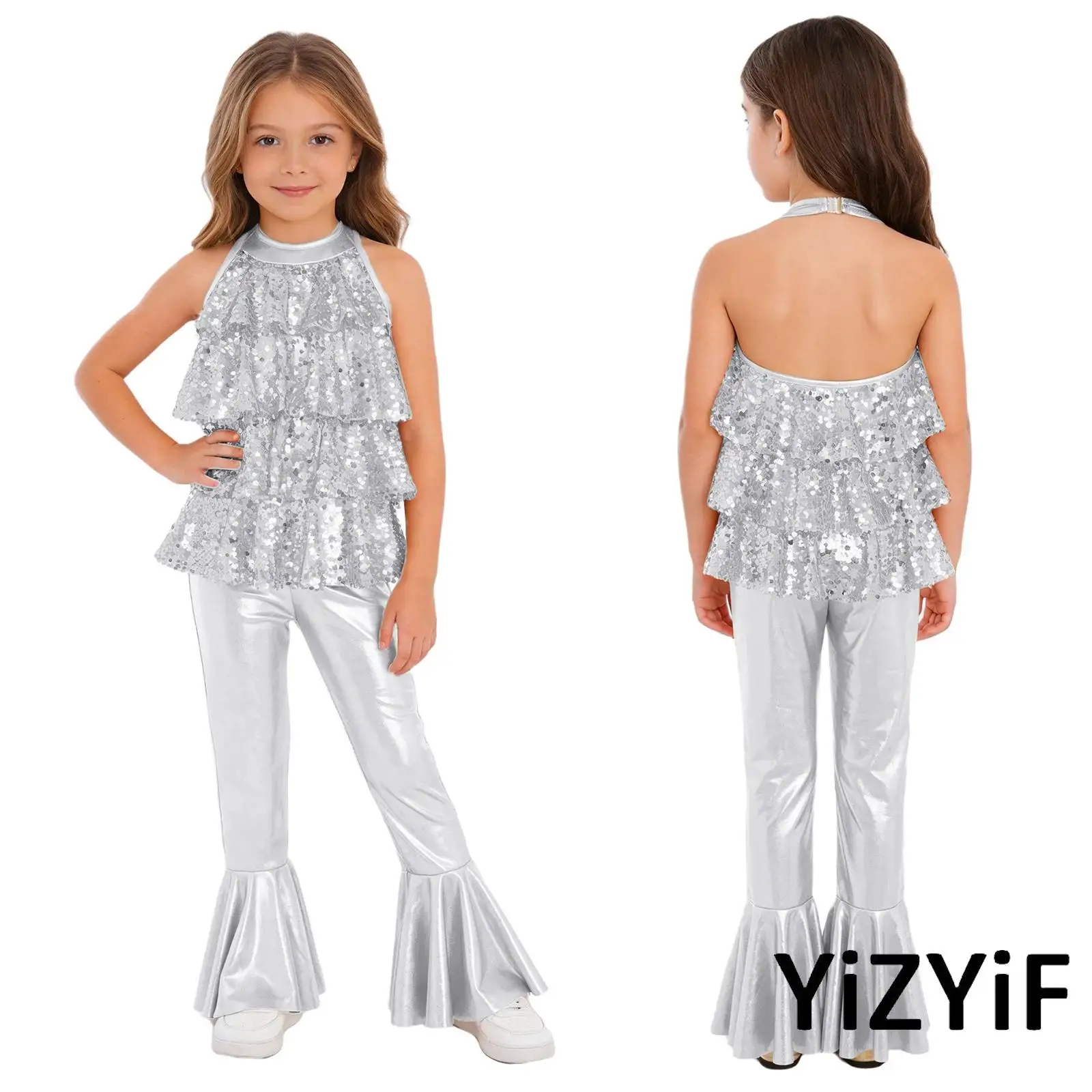 

Kids Stage Performance Jumpsuit Halter Backless Sparkling Sequin Tiered Ruffles Bell Bottom Bodysuit Jazz Ballet Dance Clothing