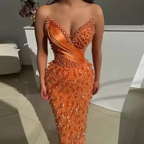 Glamorous Orange Evening Gown Heart Deep V Neckline and Sleeveless Prom dress Fitted Mermaid Skirt Formal Dress for Party