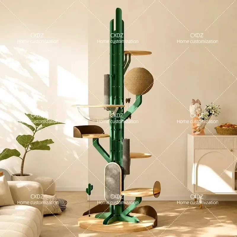 Solid Wood Cactus Cat Climbing Frame Large DIY Cat Tree with Litter Box Integrated Carbon Steel Structure Durable Luxury Pet