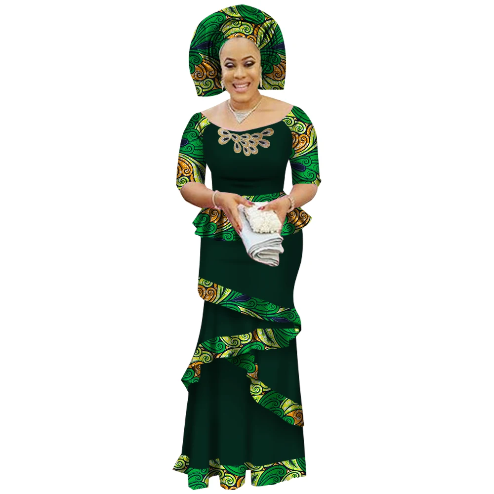 BRW privé personnalisé robe africaine Bazin Riche femmes robe trempée demi manches Y-et longue jupe imprimée grande taille M-6XL WY2412