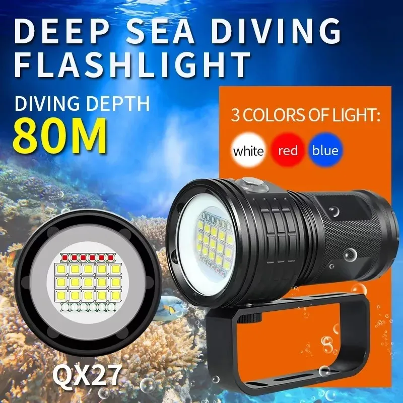 QX14/QX27 500W photography fill light diving flashlight red and blue light strong light high power underwater 80 IPX8