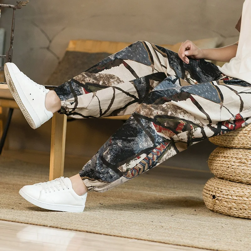 

Хлопковые льняные брюки Харлан с цветочным принтом, свободные повседневные мужские свободные леггинсы для танцев, утягивающие длинные брюки с эффектом ног