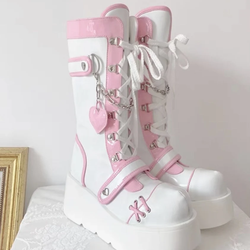 로리타 두꺼운 밑창 부츠, Y2K 다목적 펑크 오토바이, 두꺼운 밑창 미드 배럴 부츠, 귀여운 스파이시 걸 오토바이 부츠