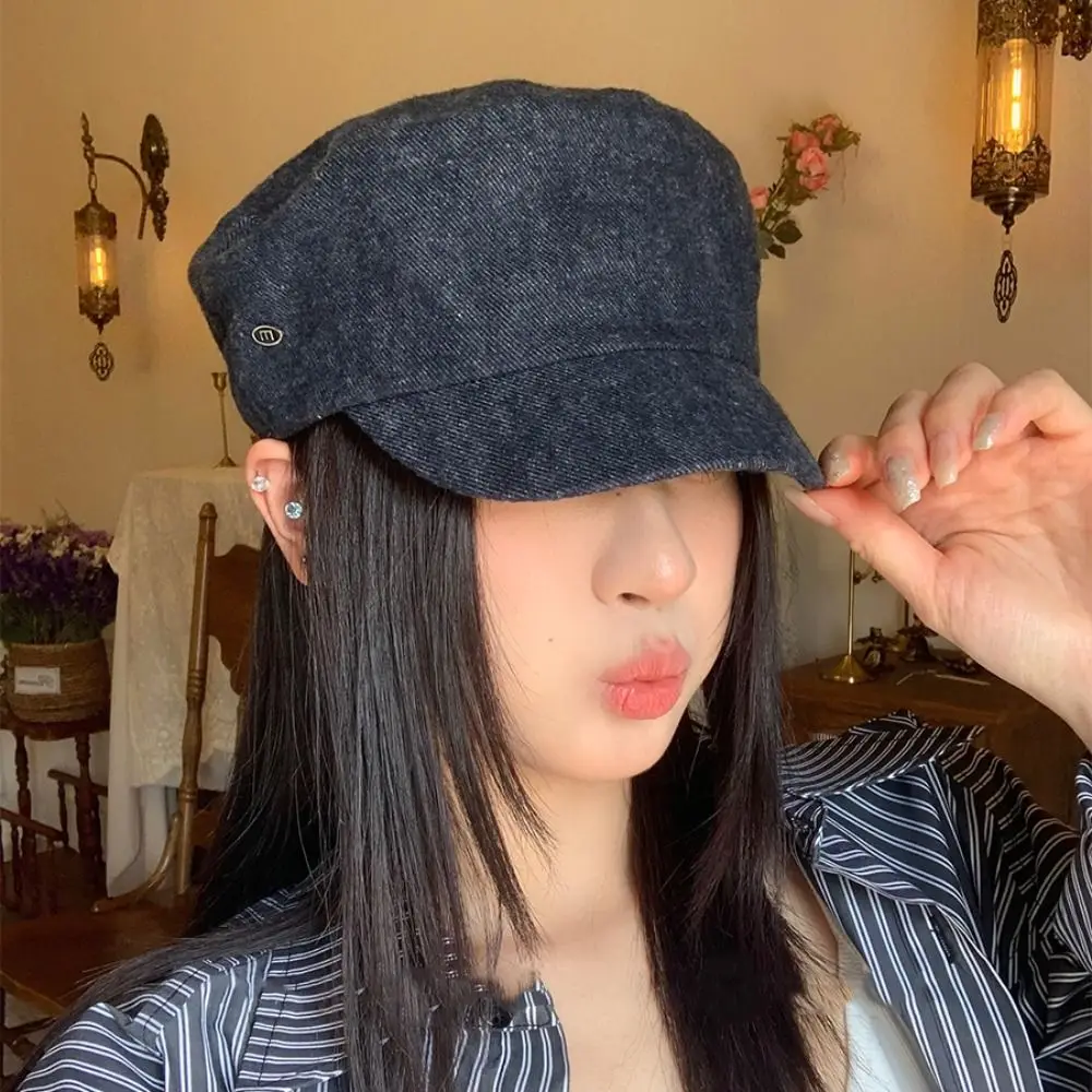 

Korean Vintage Demin Beret Flat Brim Artist British Style Painter Cap Versatile Y2k Octagonal Hat Winter