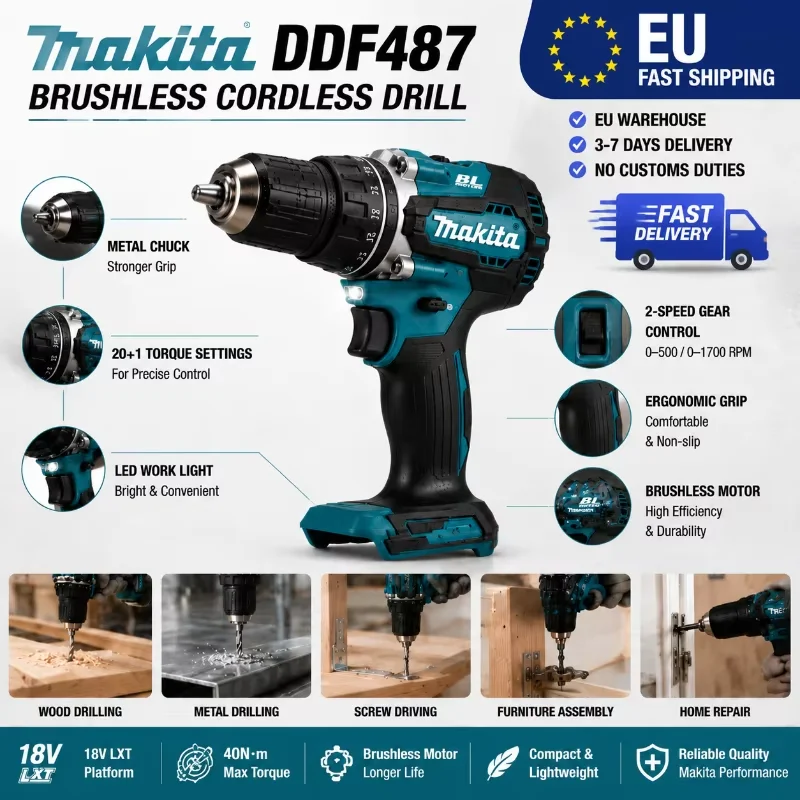 Original Makita 18V LXT Akku-Bohrschrauber DDF487 Bürstenlos mit hohem Drehmoment + BL1860B BL1840 Lithium-Akku-Pack DIY Profi-Werkzeug EU Schnelle Lieferung