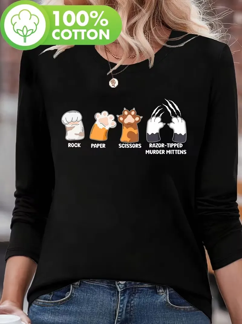 Aesthetic Kawaii Cat Paw Print 100% Cotton Long Sleeve T-Shirt Funny Cat Graphic Casual O-Neck Women'S Top Tee for Fall Winter