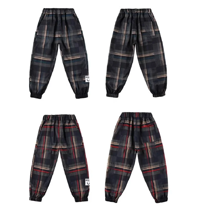Boys Thick Plaid Pants Spring Autumn Girls Plus Velvet Warm Drawstring Kids Trend Trousers Fashion Teen Sport Casual Pants 4-12Y