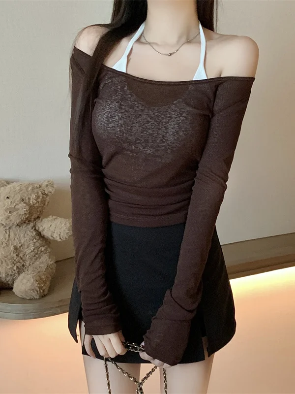 

Unique Summer Thin One-oulder Long-Sve Women's Tank Top Sunade Cover-Up Pure Desire Inner Wear Hanging Ne Strap Vest...
