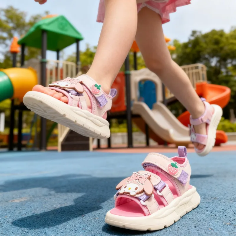 Kids'Sandals PU Leather My Melody Summer Beach Shoes For Children Peep Toe Breathable Soft Bottom Pink Khaki Shoes Size 26-37