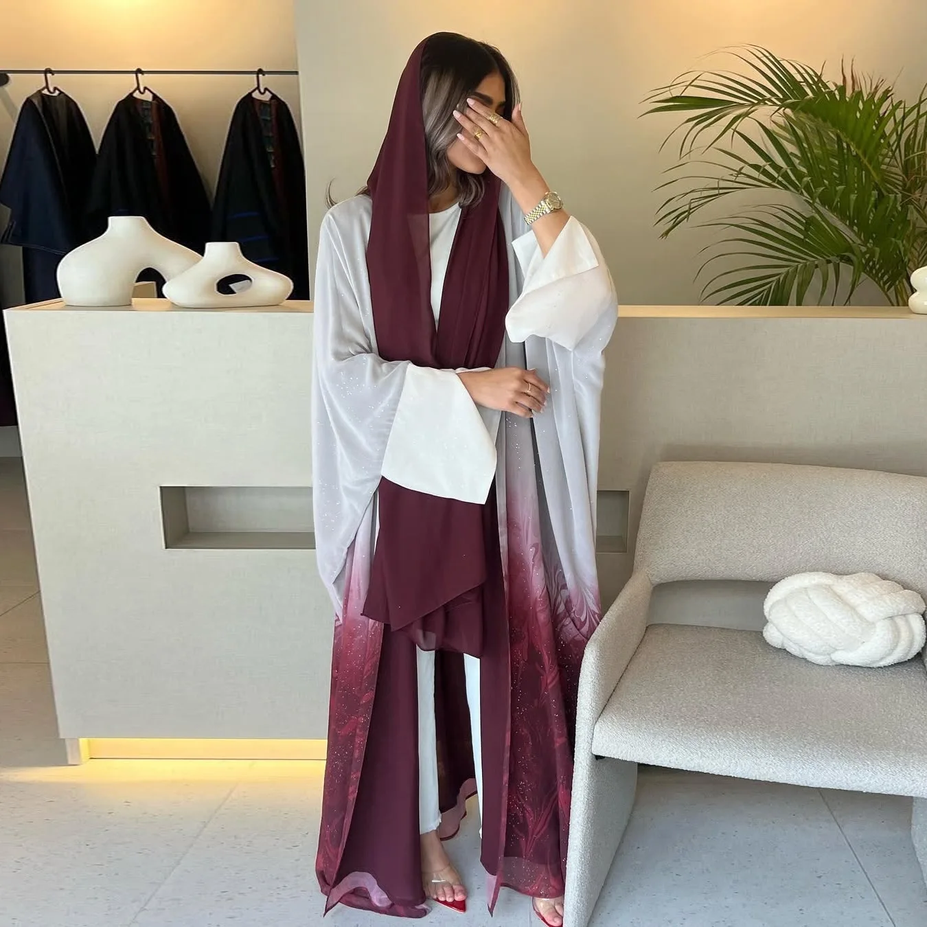 

Ombre Sparkle Modest Abaya Set with Matching Hijab - Dubai Open Front Kaftan Dress