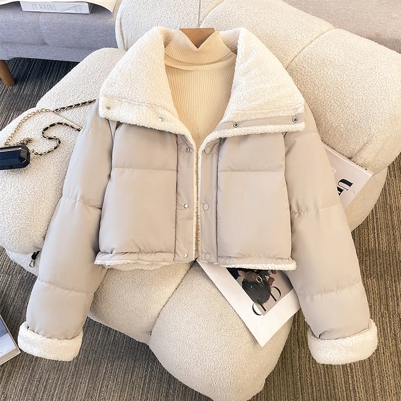 سترة شتوية للنساء على الوجهين بلون سادة وطية صدر السترة من صوف الضأن الصناعي معطف أمريكي غير رسمي أنيق عالي الشارع سميك