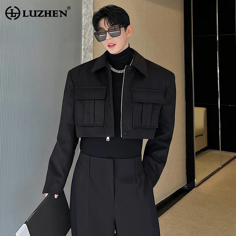 LUZHEN New Stylish Men's High Street Short Jacket Original Big Pocket Solid Color Elegant 2024 Autumn Casual Trendy Coat Fbf31d