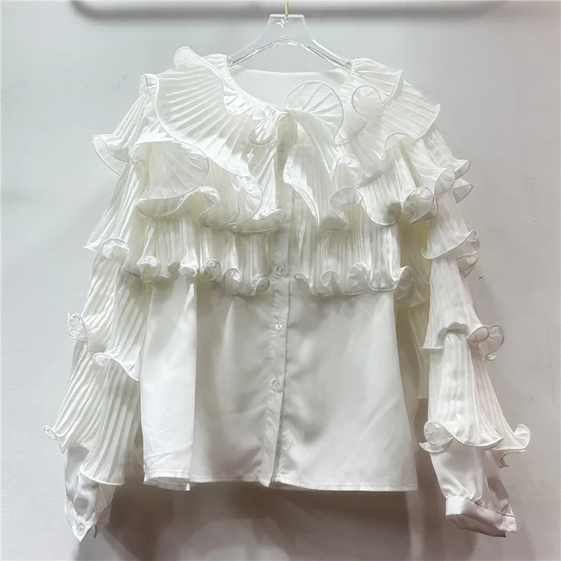 Korean Version of Light Luxury Celebrity Bubble Sleeve Shirt Ruffle Edge Loose Chic Design Royal Sister Temperament Top Women