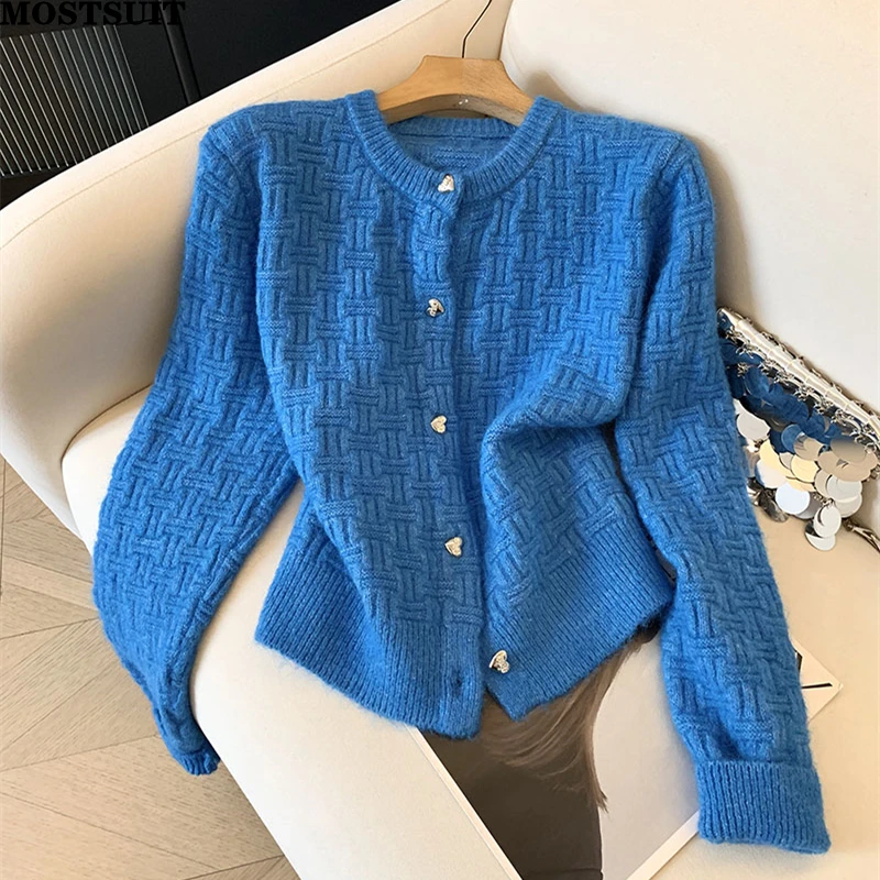 

Корейский элегантный вязаный кардиган, женский свитер, зима 2025 года, однобортный трикотаж с длинными рукавами, модные однотонные женские джемперы