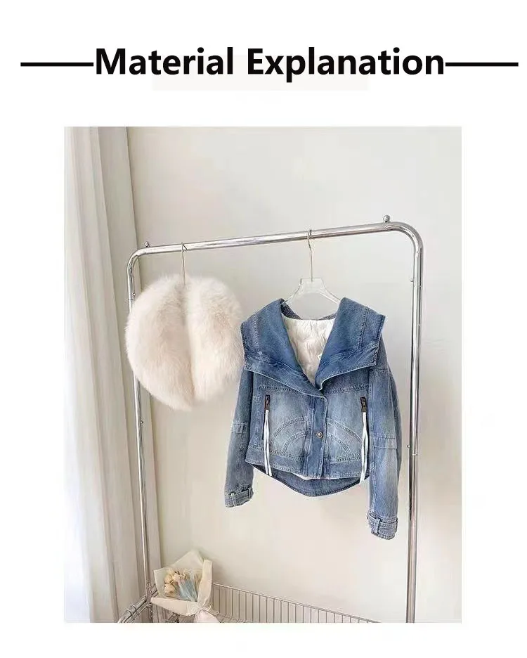 2023 Winter Women\'s New Luxury Natural Fox Fur Large Collar Goose Down Denim Down Coat Short Warm Casual Coat