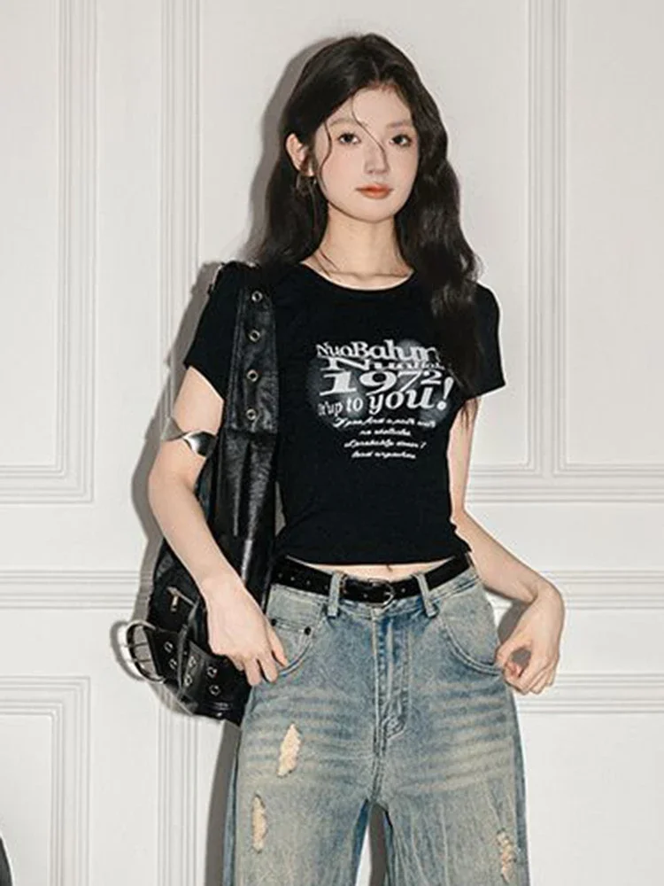 Oco para fora rendas y2k t camisa feminina magro sexy recortado volta arco retalhos t americano vintage casual streetwear preto topos