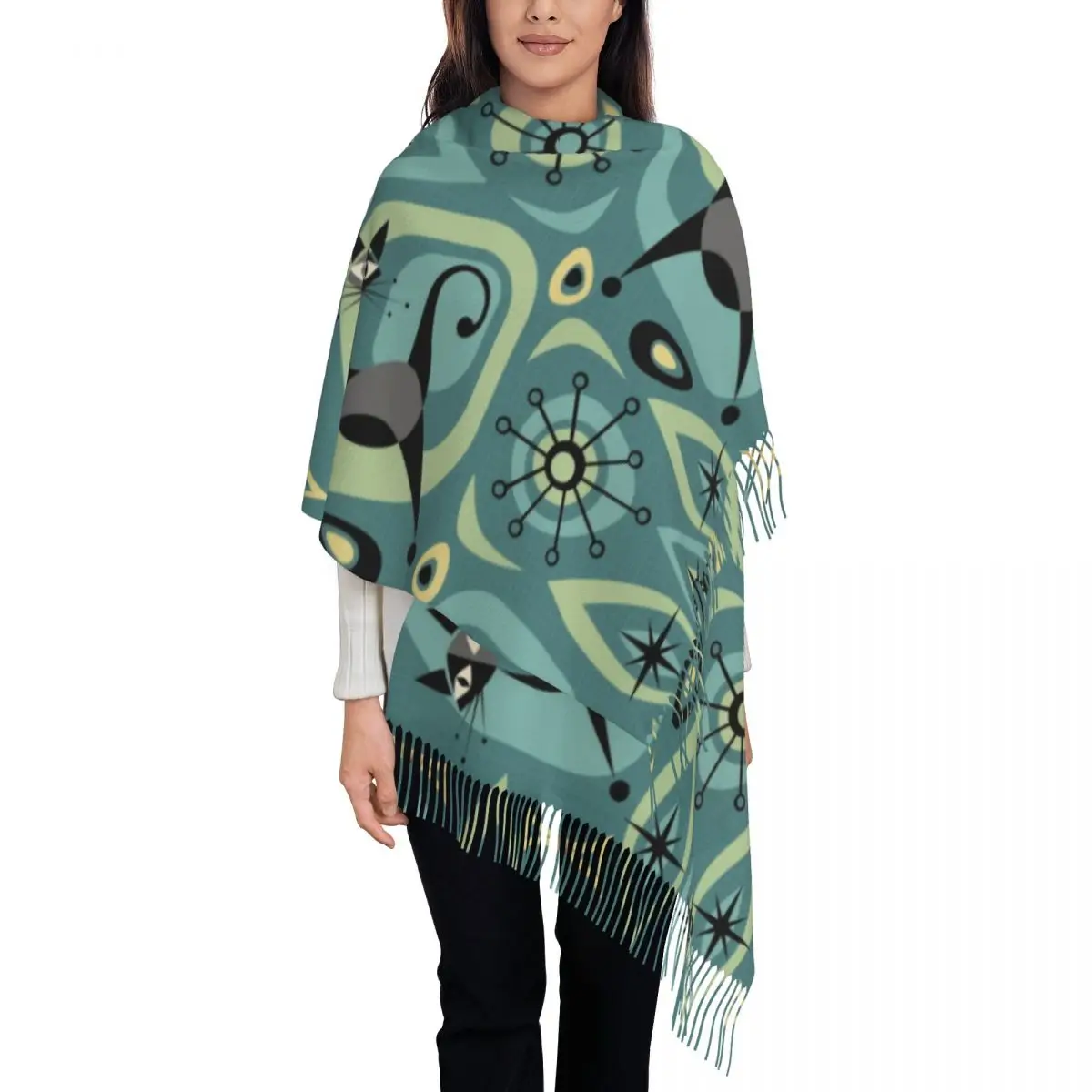 Custom Printed Mid Century Black Cat Scarf Men Women Winter Fall Warm Scarves Atomic Age Abstract Geometric Shawl Wrap