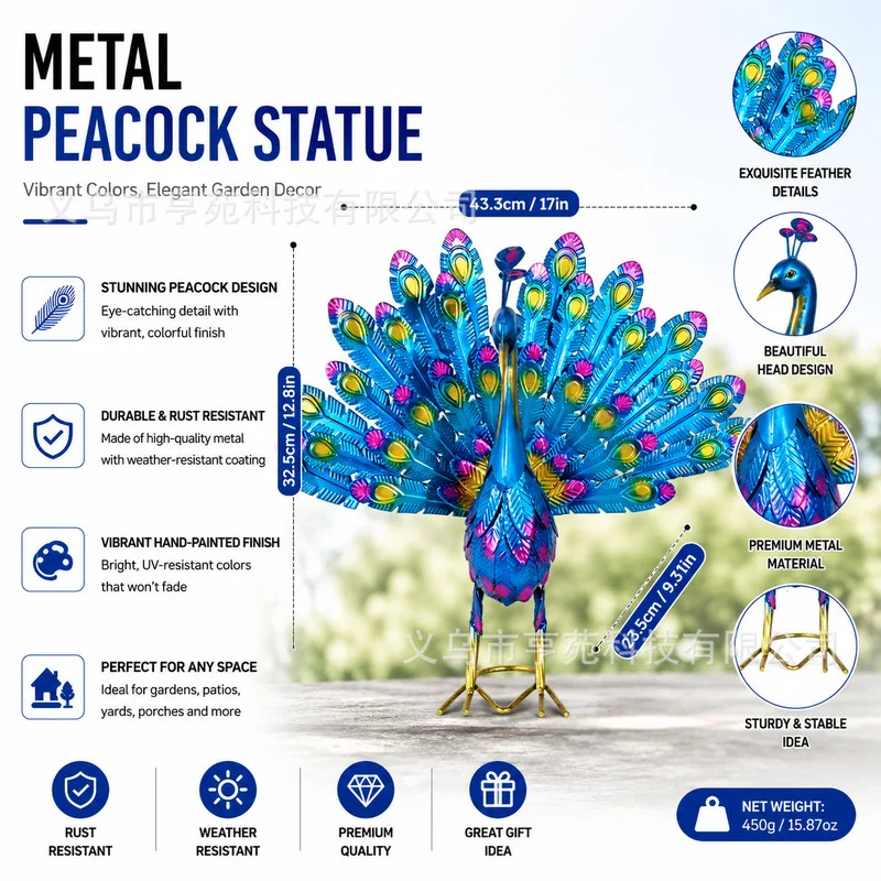 Peacock Craft Metal Statue Outdoor Sculpture Decoration Garden Courtyard Art Home Decor Ornament