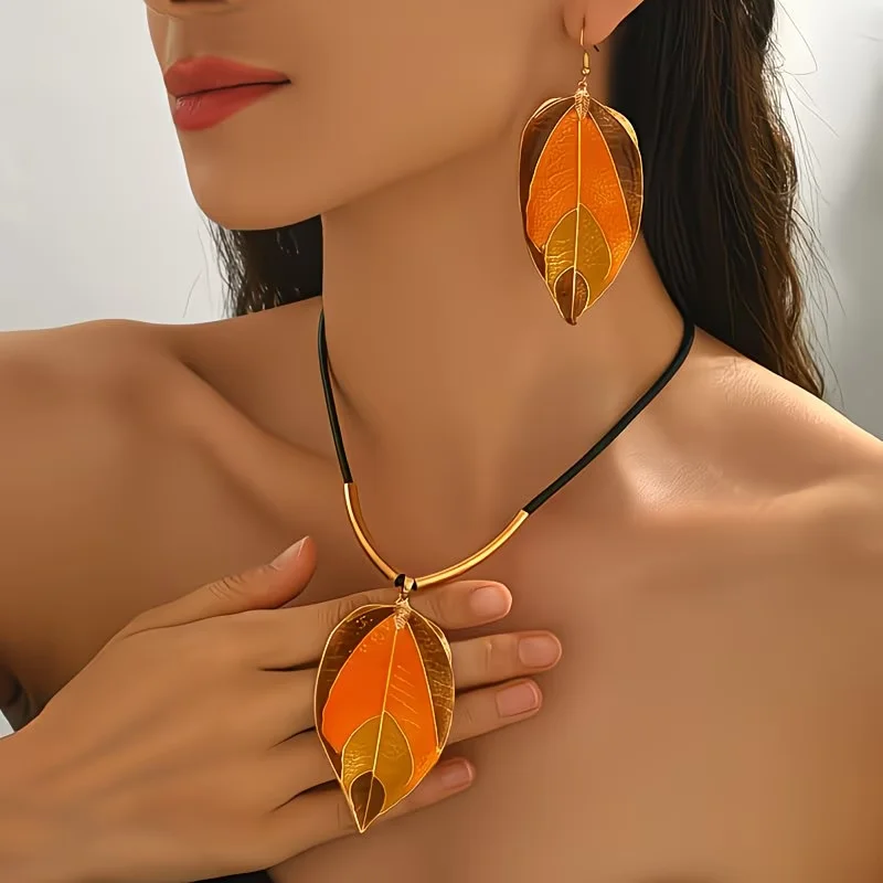 Bohemian Plated Leaf Necklace & Earrings Set