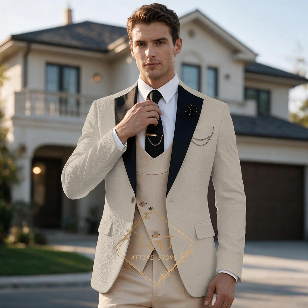 Luxury Men's 3 Piece Textured Jacquard Dinner Suit Set Formal Groom Wedding Blazer Waistcoat Trousers Tailored Fit