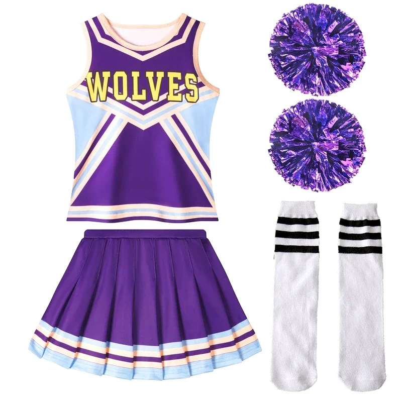 Children's Cheerleaders Halloween Cosplay Costume Stage Show Girl Dress School Cheerleaing Uniform Purple With Pompoms SOCK