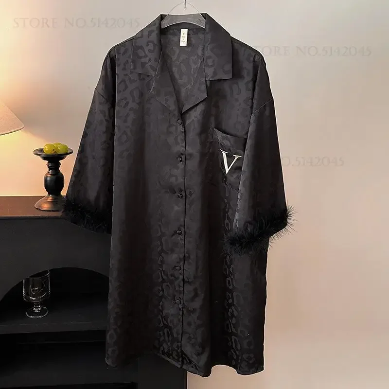 

Summer New Women's Sleepshirt Nightgown Fashionable and Sexy Leopard Feathers Nightdress Sleepwear Loose Casual Satin Homewear