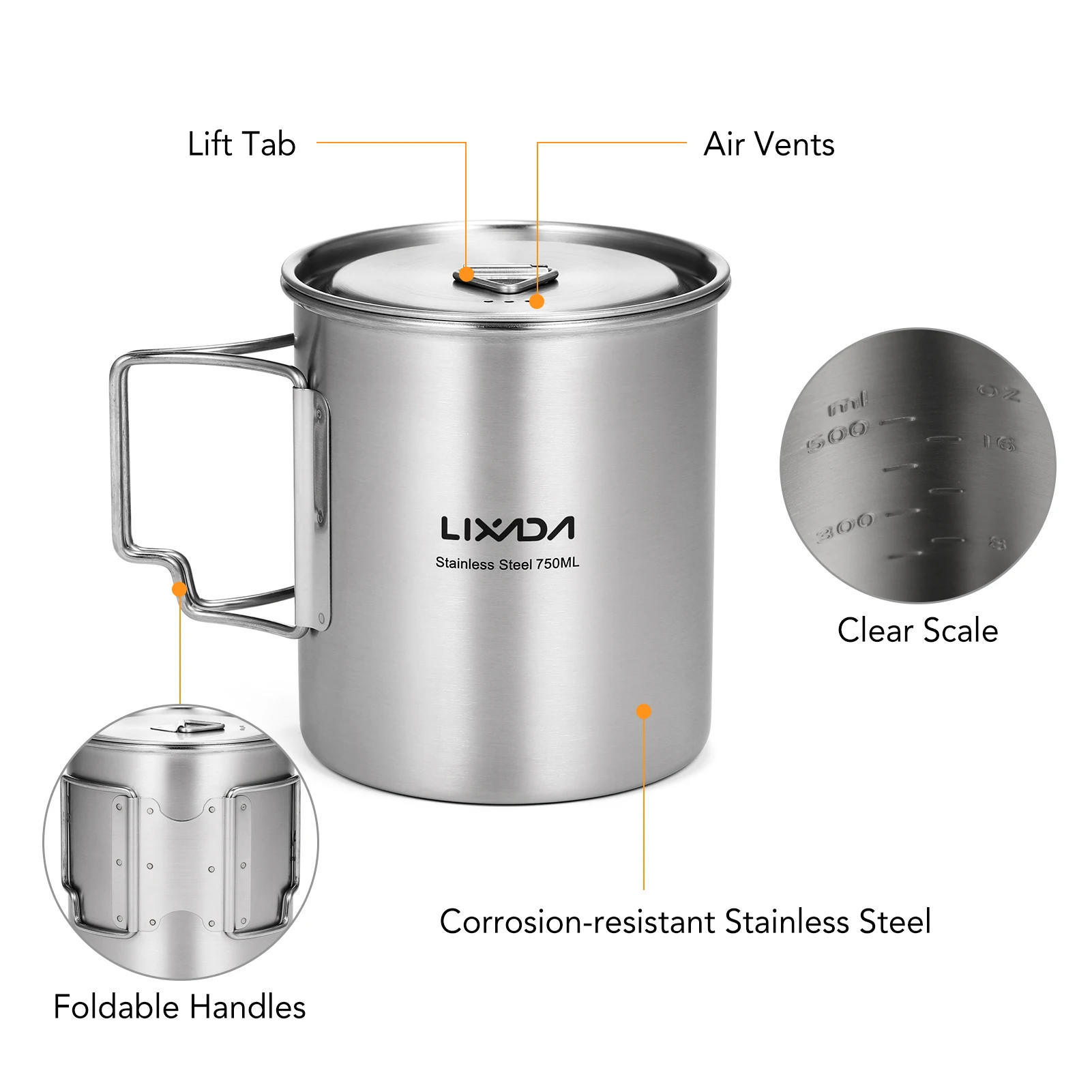 LIXADA Portable 750ml Stainless Steel Pot Water Mug Cup with Lid and Foldable Handle Outdoor Camping Cooking Picnic Drinkingware