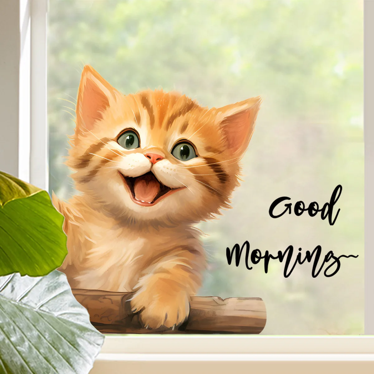 Watercolor Orange Tabby Cat Window Decal, Cute Smiling Kitten with 