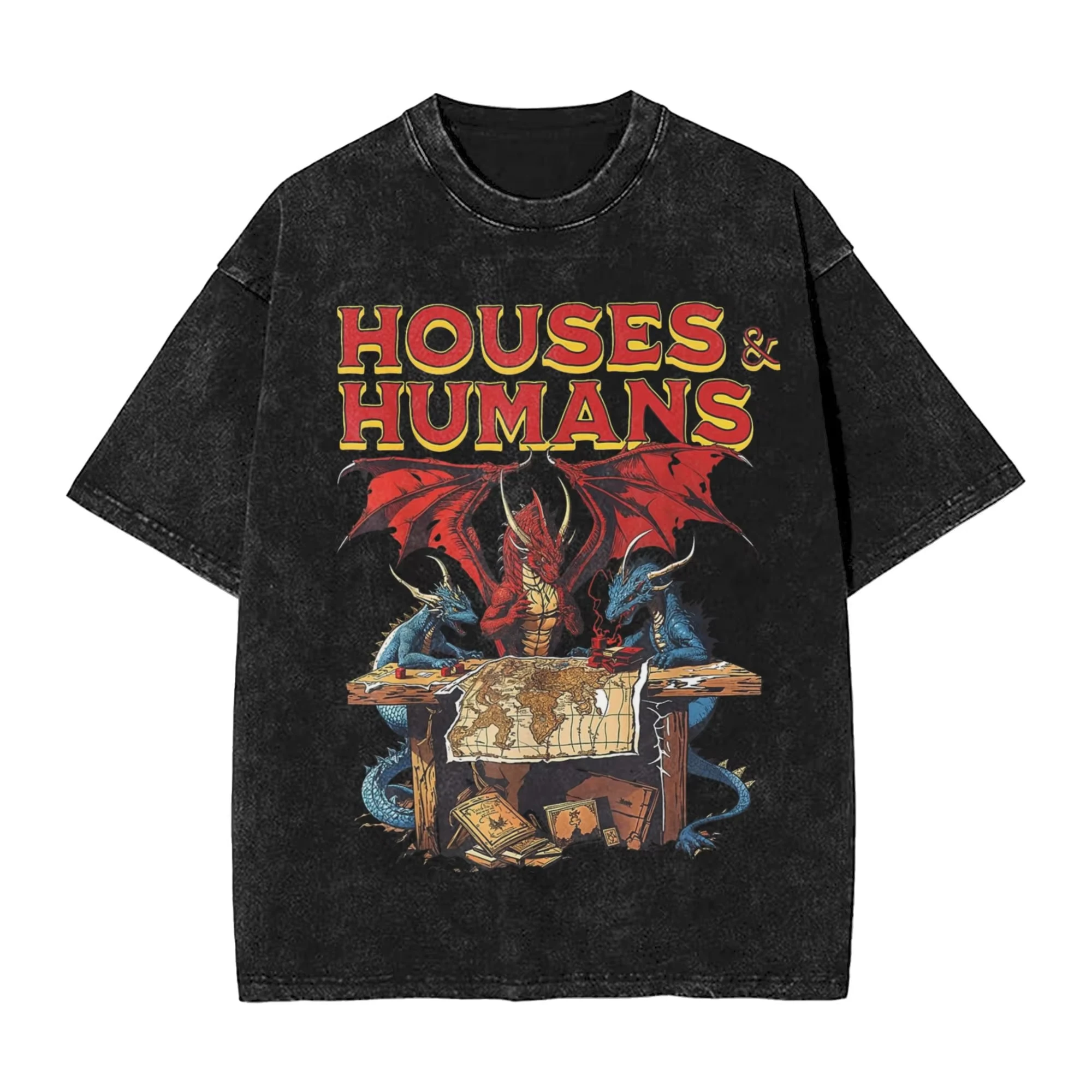 

Washed T Shirt Houses and Humans Retro 90s Hip Hop T-Shirt Oversize Dungeon Dragon DnD Streetwear Printed Tops Tees for Men