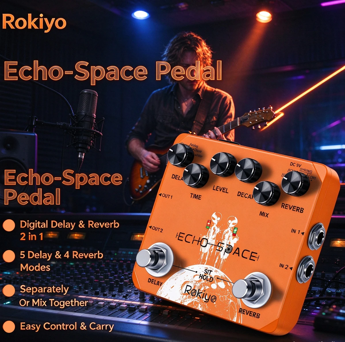 Rokiyo Stompbox Echo-Space Guitar Pedal Digital Delay & Plate Reverb 2 in 1 Multi‑Mode Synthesizer Effects For Guitar Bass