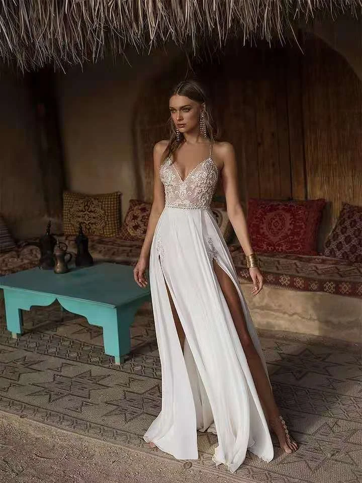 Vestido De novia bohemio con escote triangular y Espalda descubierta, tirantes finos De gasa con traje De novia, escote triangular, estilo playero