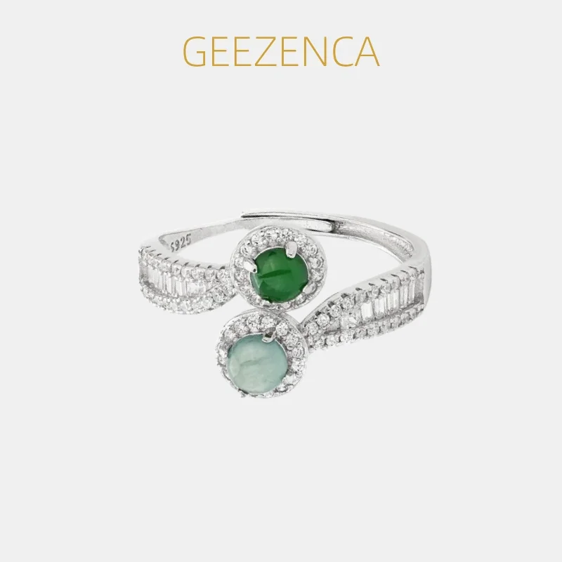 GEEZENCA 925 Sterling Silver Round Green Jadeite Open Ring Women Sparkle Cubic Zirconia Dainty Lightweight Trendy Stacker Rings
