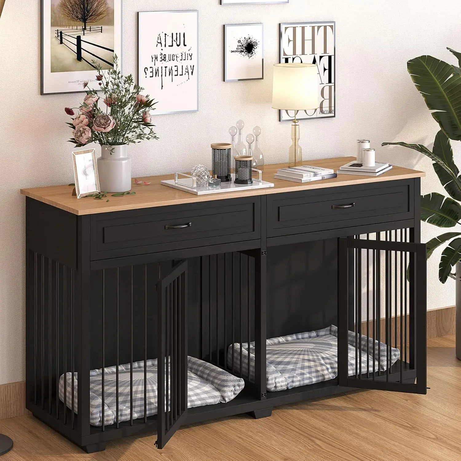 أثاث صندوق الكلاب، بيت كلب خشبي كبير عالي التحمل مقاس 72 بوصة مع أدراج ومقسم، صندوق كلب على شكل أثاث داخلي