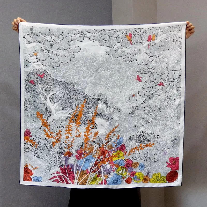 High-end Elegant Women's Exquisite Return To Natural Print Quality 14MM Twill Silk Hand-rolled Edge Large Square Scarf Shawl