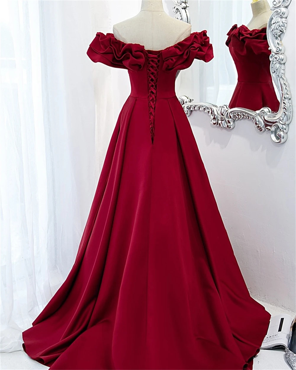 

Customized Classic Burgundy Jersey Strapless Off the Shoulder Sleeveless Prom Gowns A-Line Panel Train Flowers Party Dress