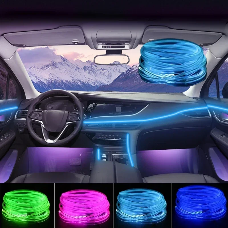 Car RGB Ambient LED Light Strip USB Fiber Optic Atmosphere Lamp Neon Interior Console Decoration Lights Colorful 1/2/3/4/5M