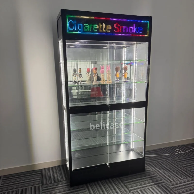 Custom. Nieuwste Rookwinkel Vitrines Met Led Scroll Screen Glazen Display Vitrines Spiegel Terug Vitrine Kast Voor Rook Sho