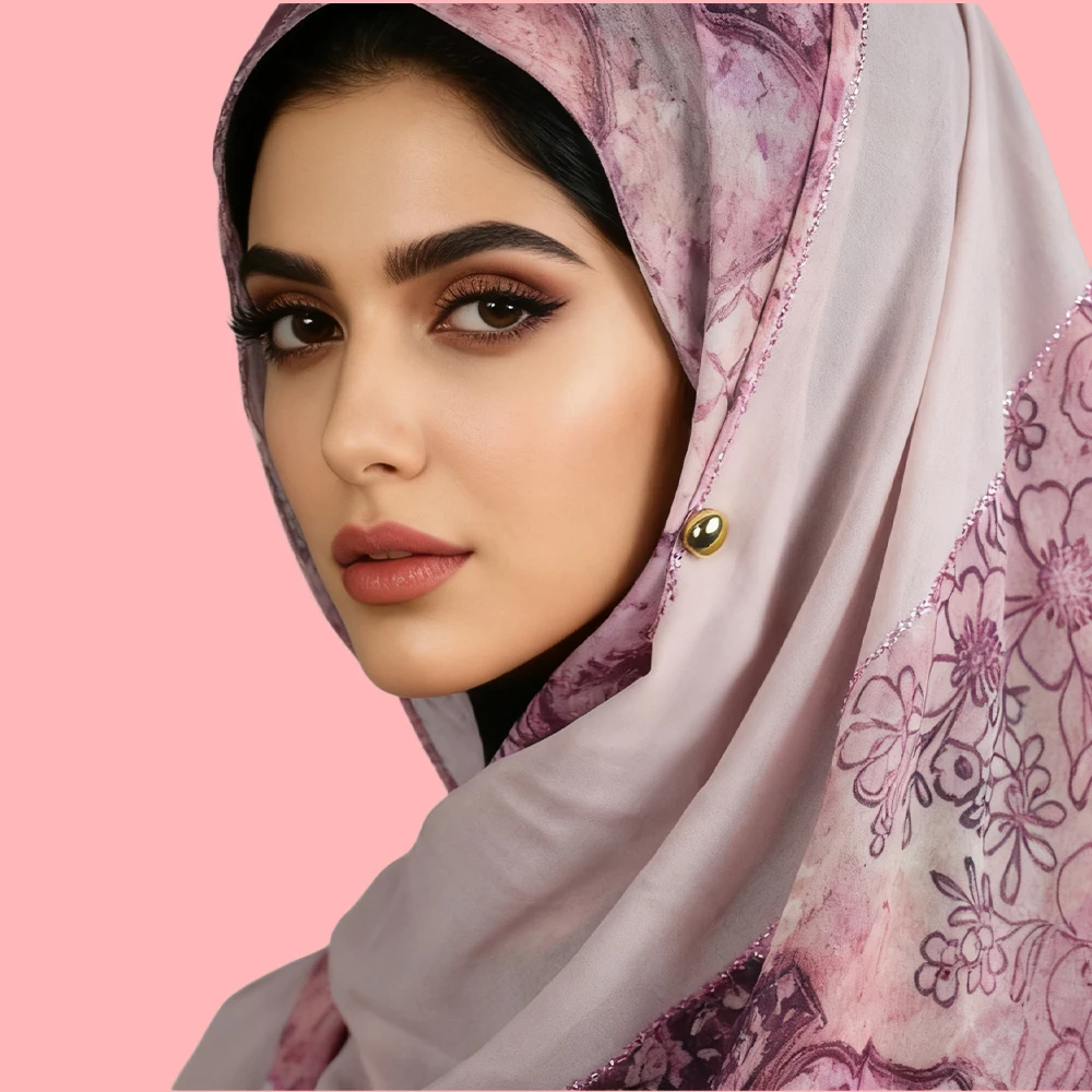 

Элегантный хиджаб с каменным принтом - украшенный стразами на масляном шифоне, фиолетово-синий абстрактный узор, украшенный стразами