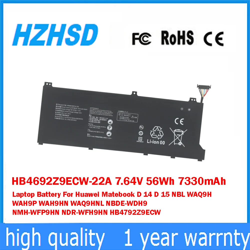 

HB4692Z9ECW-22A 7,64 В 56 Втч 7330 мАч Аккумулятор для ноутбука Huawei Matebook D 14 D 15 WAQ9H WAH9P WAH9HN WAQ9HNL NBDE-WDH9 NMH-WFP9HN