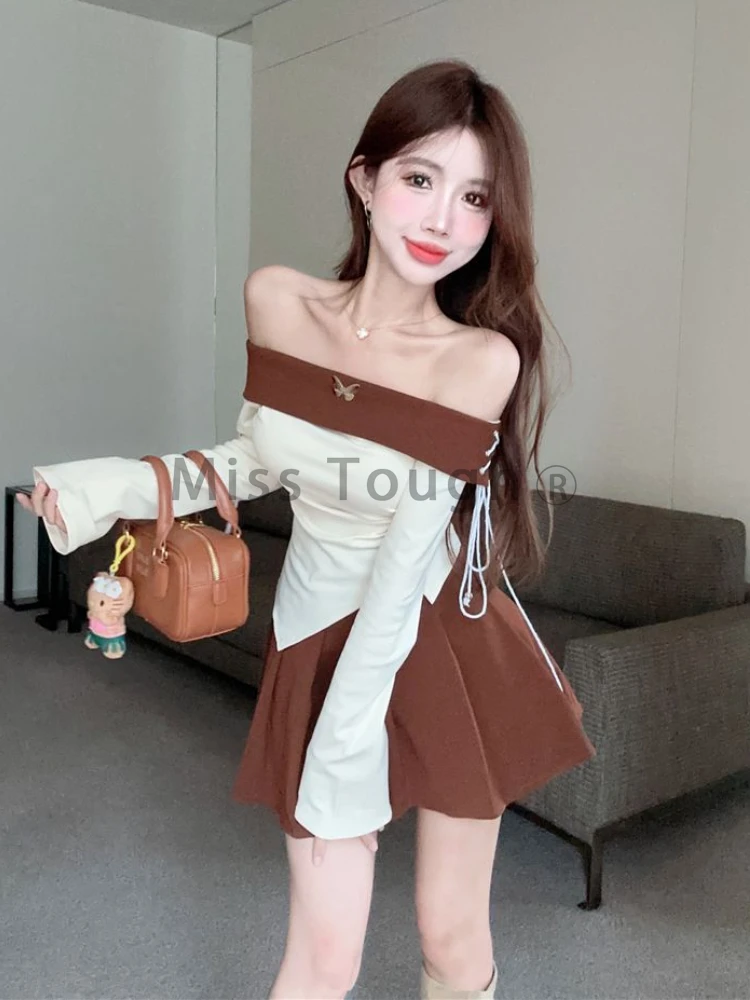 Winter Vintage Elegant Two Piece Set Woman Preppy Style Sweet Skirt Suit Female Fashion Off Shoulder Tops + Y2k Mini Skirt 2023