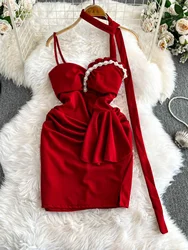 Foamlina One-word Shoulder Streamer Sleeveless Tube Dress Women's Diamonds Slim Fit Mini Short Red Night Club Dress