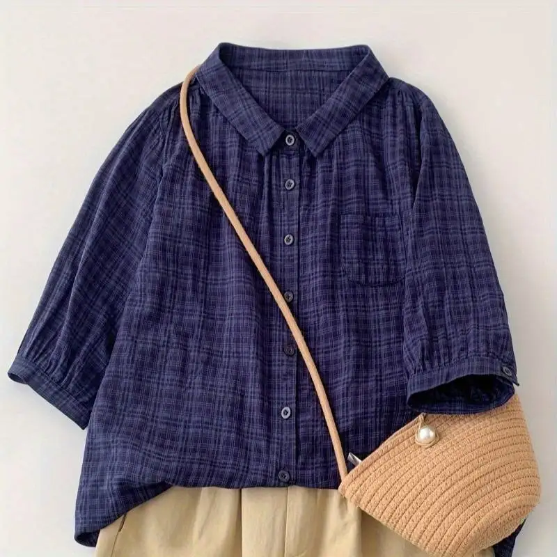 2025 Nuevo top a cuadros para mujer |   Estilo casual y de desplazamiento, puro algodón, solapa, recto con botones, versátil