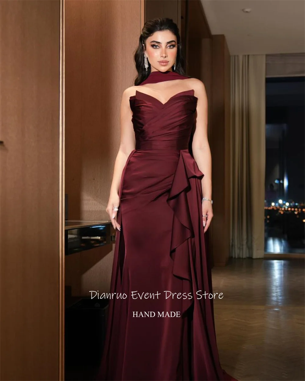 Dianruo-vestidos De noche De satén con forma De corazón, color Burdeos, cintas De sirena, bata De fiesta para mujer, vestido De graduación saudí fruncido con volantes personalizado