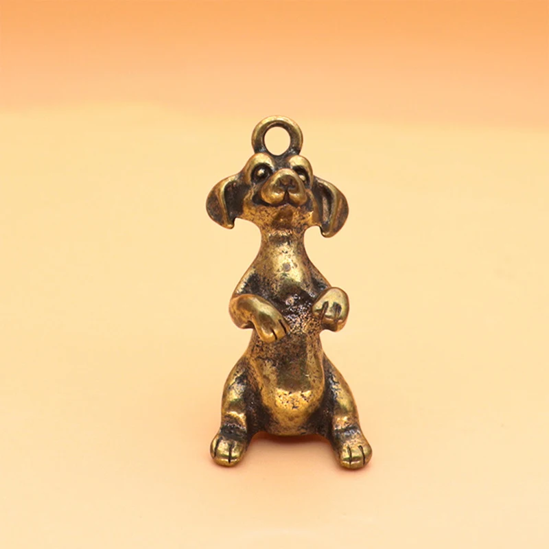 Solid Brass Lucky Puppy Keychain Pendant Figurines Miniatures Desktop Ornament Room Decoration Accessories Retro Dog Tea Pet